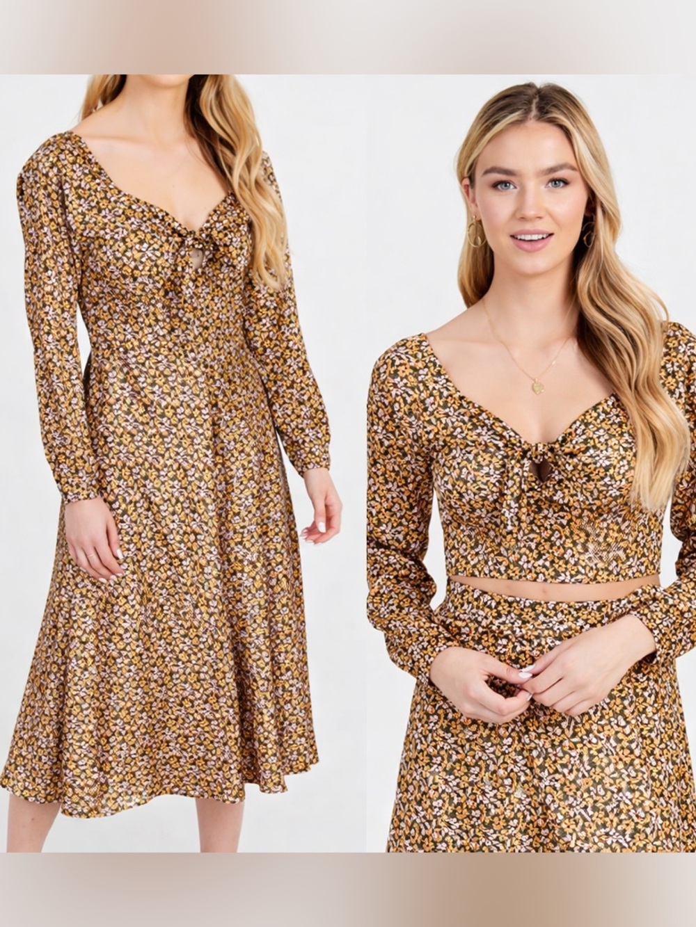 NWT Altar’d State Made in USA Floral Print Silky Satin Blouse Skirt Midi Dress S